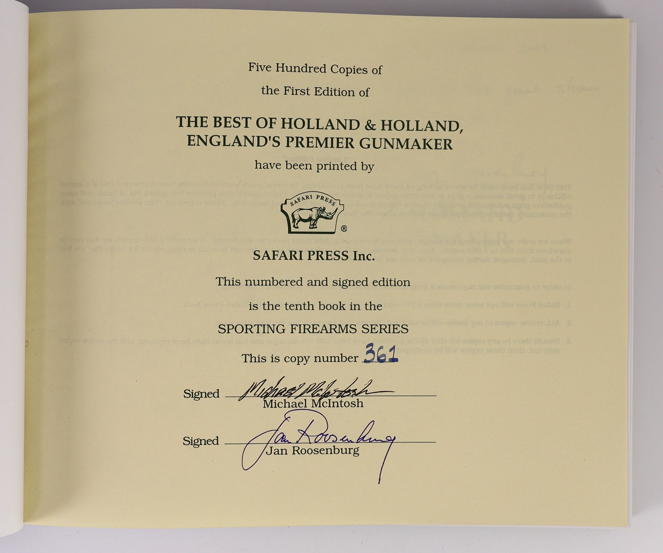 McIntosh, Michael & Roosenburg, Jan G. The Best of Holland & Holland England’s premier Gunmaker. Oblong 4to., Safari Press, Long Beach, California, 2003. Original cloth in slip case., 